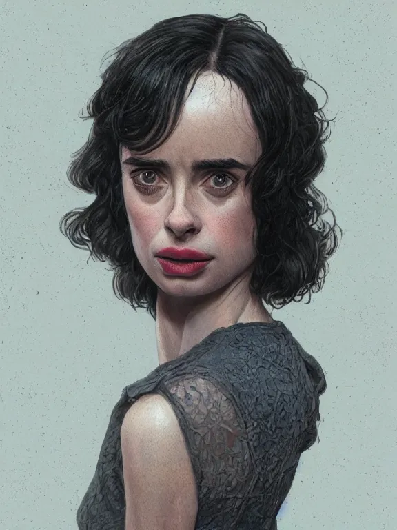 Prompt: old krysten ritter with grey hair as an actor from stranger things, old lady, 1 9 8 0's, intricate, highly detailed, digital painting, artstation, oppressive lighting, fashion concept art, sharp focus, illustration, art by greg rutkowski and alphonse mucha