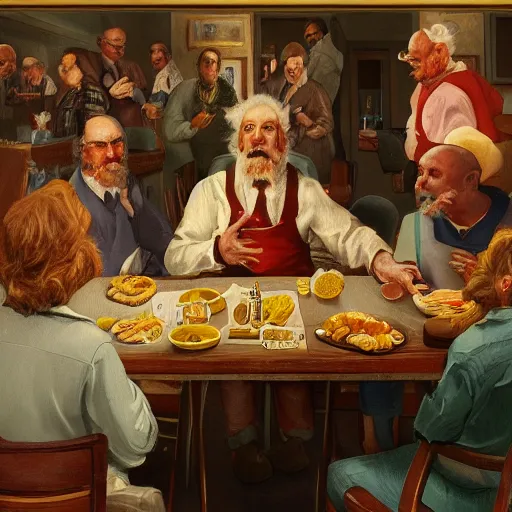 Image similar to a person sits in a high chair at a table staring delectably, the provenators feast, a human moderator chewing on the arbitrary egregore of their community group, art depicting control freak, trending, artstation