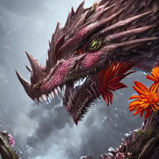 Prompt: hyperrealistic dragon shooting flowers out of its mouth, highly detailed, trending on artstation, 4k