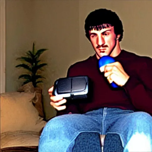 Prompt: rocky balboa holding a playstation!! controller!! video game console sitting in a chair