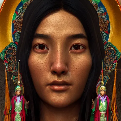 Image similar to centered detailed portrait and body of a tibetan saint, realistic character concept, identical eyes, gazing eyes, elegant pose, fantasy, illustration, slender symmetrical face and body, artstation, cinematic lighting, hyperdetailed, cgsociety, 8 k, tom richmond, single face, octane render, golden ratio, postprocessing, cartoon