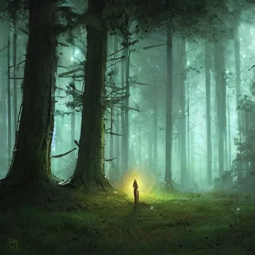 Image similar to concept art by greg rutkowski, a very tall and slender young man, frightened, surrounded by fireflies, in the middle of a forest of giant trees, detailed portraits, disturbing atmosphere, uncanny green lighting, scifi, digital painting, artstation, concept art, smooth, sharp foccus ilustration, artstation hq