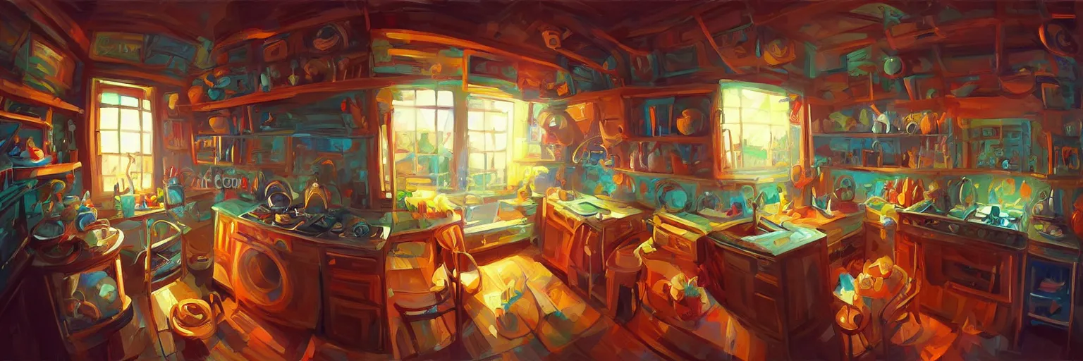 Prompt: fisheye spiral lines, naive nerikomi, weird perspective, extra narrow, detailed illustration of a kitchen dimly lit by rhads from lorax movie, trending artstation, true color