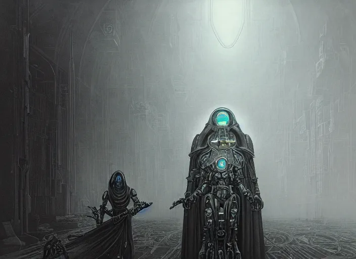 Prompt: an epic potrait of knowledge seeking cloaked tech priest, Adeptus Mechanicus, cybernetic enhancements, praise the omnissaiah, Zdzislaw Beksinski, Lewis Jones, mattias adolfsson, (Piranesi), Warhammer 40K!!, cold hue's, warm tone gradient background, concept art