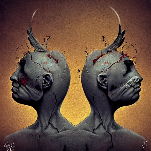 Image similar to split mind fighting itself, the inner critic, emotional highly detailed surrealist art, digital art