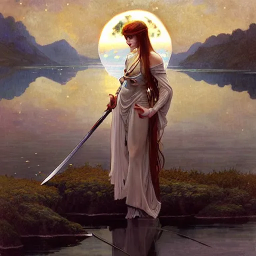 Prompt: a magic sword rising from the middle of a lake under a giant full moon, rippling reflections, romantic, cinematic, intricate, elegant, highly detailed, artstation, concept art, smooth, sharp focus, art by alphonse mucha and Monia Merlo and Raymond Swanland