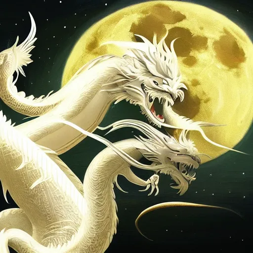 Image similar to a painting of a long white chinese dragon dancing in front of the moon, illustration, shiny, full resolution, full lights, sharp focus, Artstation, intricate, ethereal, highly detailed, smooth,