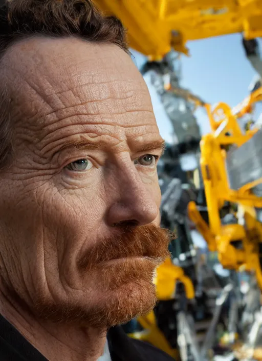 Image similar to closeup portrait of mecha bryan cranston with construction crane frame arms, yellow hardhat, natural light, bloom, detailed face, magazine, press, photo, steve mccurry, david lazar, canon, nikon, focus