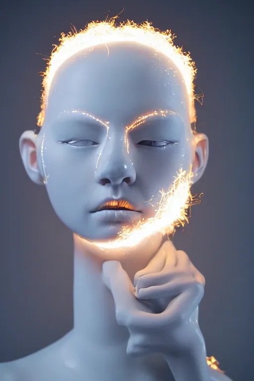 Prompt: full head and shoulders, beautiful porcelain female person, large electrical gold sparks, glowing lightening, delicate facial features, white detailed eyes, white lashes, on black background, by daniel arsham and james jean