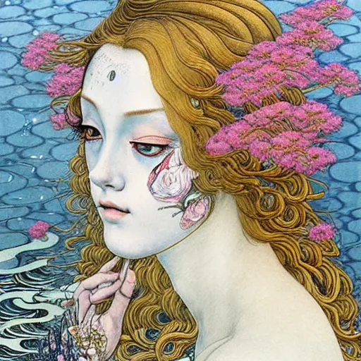 Image similar to prompt: beautiful girl in lake with light up face painted in Botticelli style drawn by Vania Zouravliov and Takato Yamamoto, nymph in the water, small flowers around and on the side, intricate oil painting, high detail, Neo-expressionism, post-modern gouache marks on the side, gnarly details soft light, white background, intricate detail, intricate ink painting detail, sharp high detail, manga and anime 2000