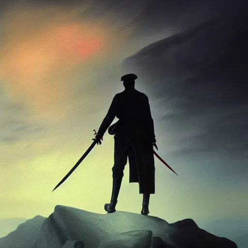 Image similar to dark-skinned man standing tall on a cliff fog clouds clothed in military uniform holding sword in the style of CASPAR DAVID FRIEDRICH techno atmosphere colourful beautiful image, brush strokes, pastel, artstation deviantart acrylic