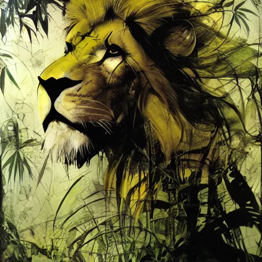 Prompt: lion in the jungle by dave mckean and yoji shinkawa, oil on canvas