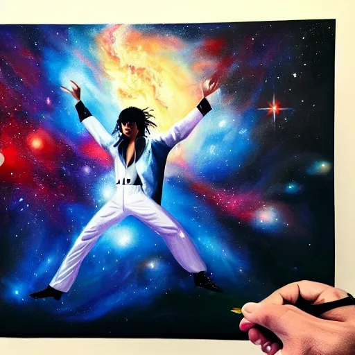 Prompt: painting of Michael Jackson dancing in a cosmic scenic environment, trending on Artstation, hyperdetailed, beautiful, stars, planets, nebula, medium shot, mid-shot