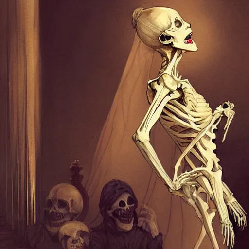 Image similar to a skeleton women as a opera singer, singing at a opera house, beautiful skeletal woman singing a melancholy song, melancholy vibe, historical, intricate, highly detailed, dynamic lighting, digital art, digital painting, artstation, wlop, sharp focus, illustration, art by artgerm and greg rutkowski and alphonse mucha