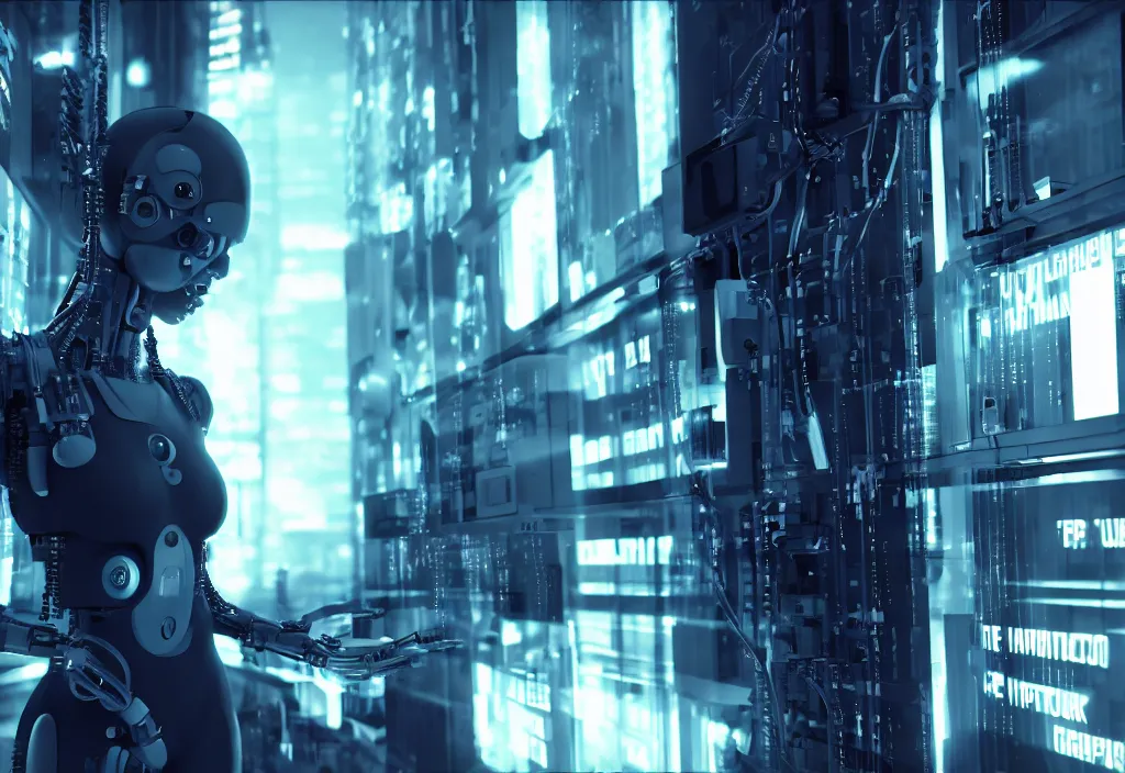 Image similar to shot of film by cyberpunk syle, human like a cyborg hyperrealistic full figure with realistic body in detailed data center, character design, futuristic, gradient, hyper realistic, ray tracing, realistic character, sharp focus, long shot, 8 k resolution, cinematic, by yoichi hatakenaka, by masamune shirow, by josan gonzales, octane render