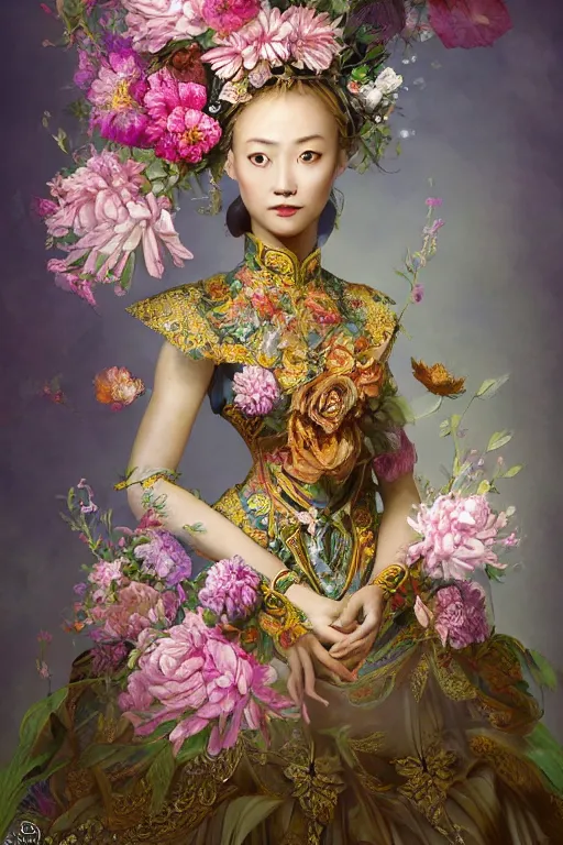 Image similar to a beautiful portrait of an empress in her garden, with a brilliant, impossible striking big flower headpiece, clothes entirely made out of flowers, symmetrical, closeup, dramatic studio lighting, rococo, baroque, jewels, asian, hyperrealism, D&D, fantasy, intricate, elegant, highly detailed, digital painting, artstation, octane render, 8k, concept art, matte, sharp focus, illustration, art by Artgerm and Greg Rutkowski and Alphonse Mucha