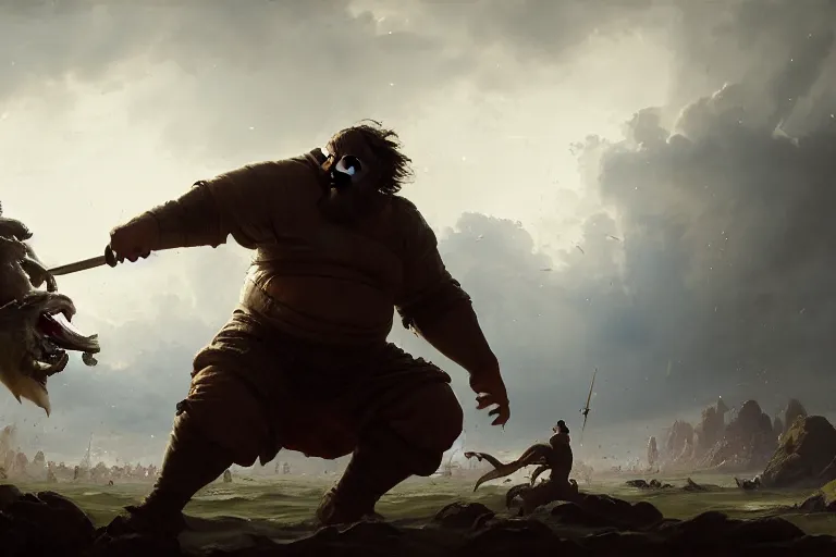 Image similar to a dynamic painting of a medieval man fighting a gigantic white fat monster, obese monstrosity fight by greg rutkowski, realism, ultra detailed, 8 k resolution