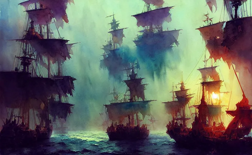 Prompt: pirate galleon fleet. intricate, amazing composition, colorful watercolor, by ruan jia, by maxfield parrish, by marc simonetti, by hikari shimoda, by robert hubert, by zhang kechun, illustration, gloomy, volumetric lighting, fantasy