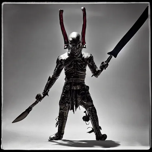 Prompt: old alien samurai attacking with his sword, photography