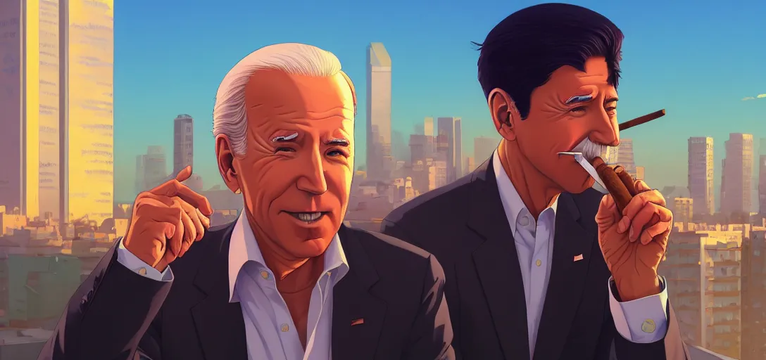 Image similar to ⁠portrait of Joe Biden Smoking a cigar , Karachi skyline background, rich vivid colors, ambient lighting, dynamic lighting, 4k, HQ, official media, anime key visual, makoto shinkai, ilya kuvshinov, lois van baarle, rossdraws, detailed, trending on artstation