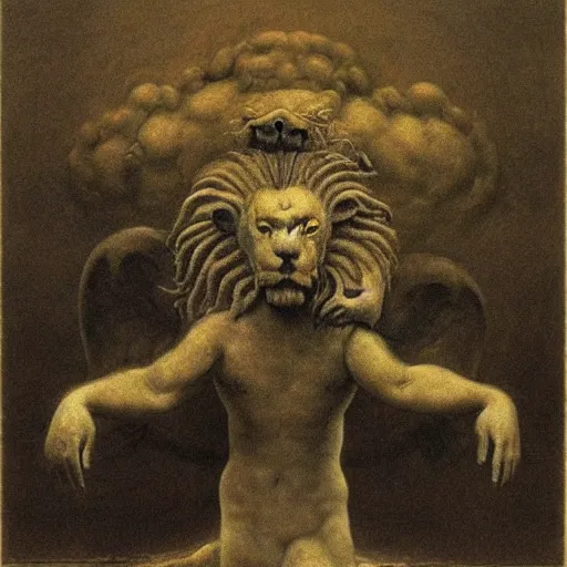 Image similar to cherub with four faces : man, lion, eagle, bull. drawn by zdzislaw beksinski