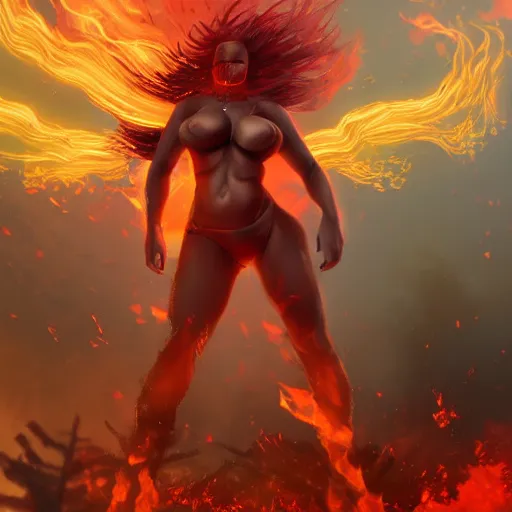 Image similar to Hot fire goddess, skin of flames, body made of fire, rampaging, stormy background, forest fire, breathing fire, fire in hand, concept art, tiny person watching, artstation, 4k