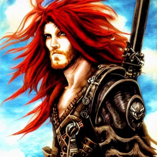 Prompt: an epic fantasy comic book style portrait painting of a long haired, red headed male sky - pirate in front of an airship in the style of yoshitaka amano