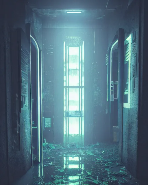 Image similar to a beautiful photorealistic rendering of elevator abandoned urbex architecture nature by carlo stanga, architecture island neon signs studio ghibli infrared bladerunner 2 0 4 9 dramatic lighting heavy rain atlantis dieselpunk uv light, archdaily, wallpaper, highly detailed, trending on artstation.