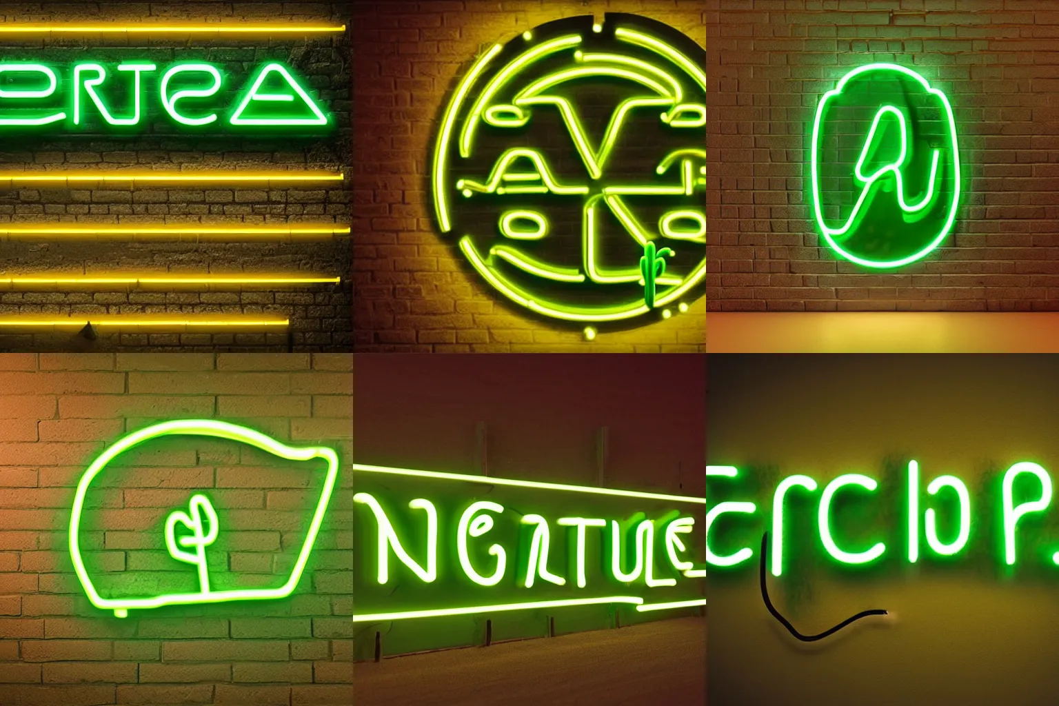 Prompt: a green neon sign in the shape of a cactus that says 'CACTUS' in yellow lettering, unreal engine, photorealistic, soft glow