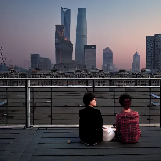 Prompt: a small rooftop with a couple of people sitting and watching the view, wearing black modern clothes, modern shanghai bund is on the background, sunset, by gregory crewdson, smog