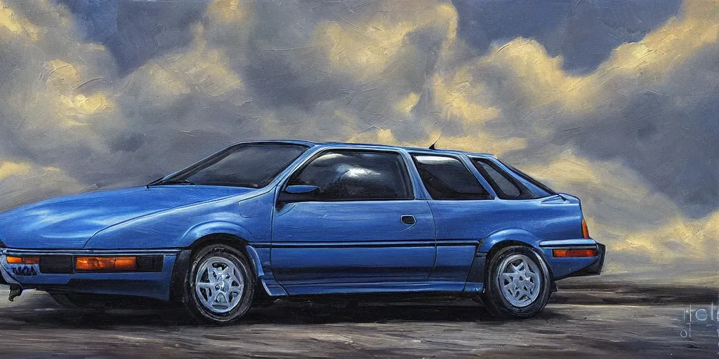 Image similar to Highly detailed oil painting of a dark blue 1991 opel astra, strong atmosphere, oil painting masterpiece by Josep Tapiró Baró, symmetry, fractals