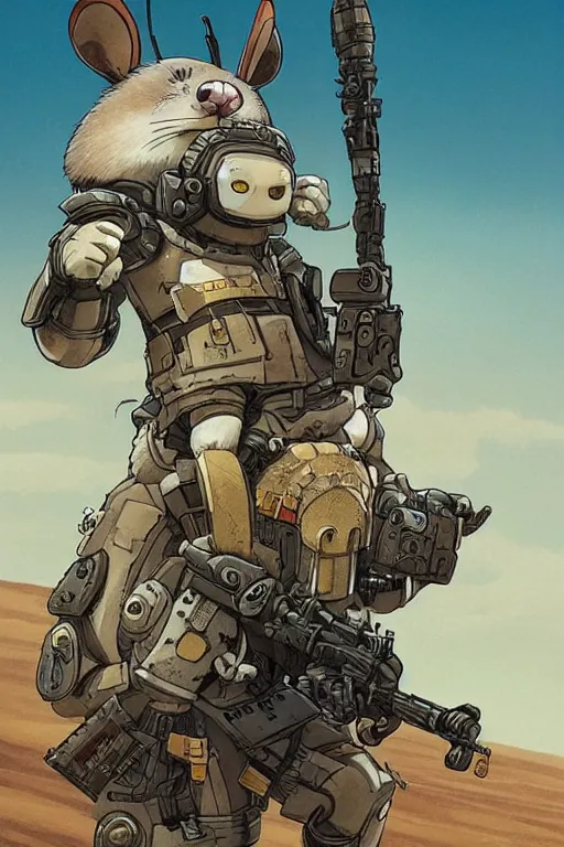 Prompt: anthropomorphic rodent with white and black ancestral ornate japanese tactical gear on an abandonment desert planet, long shot, rule of thirds, golden ratio, graphic novel by fiona staples and dustin nguyen, by beaststars and orange, peter elson, alan bean, studio ghibli, makoto shinkai