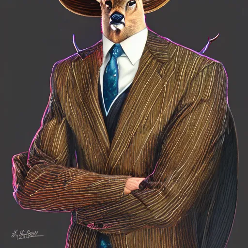 Image similar to a upper body portrait of a deer in a pinstriped suit and pants wearing a fedora with the antlers sticking out of the fedora by artgerm and wlop, human hands adjusting the tie, intricate detail, digital art, photorealistic, trending on artstation