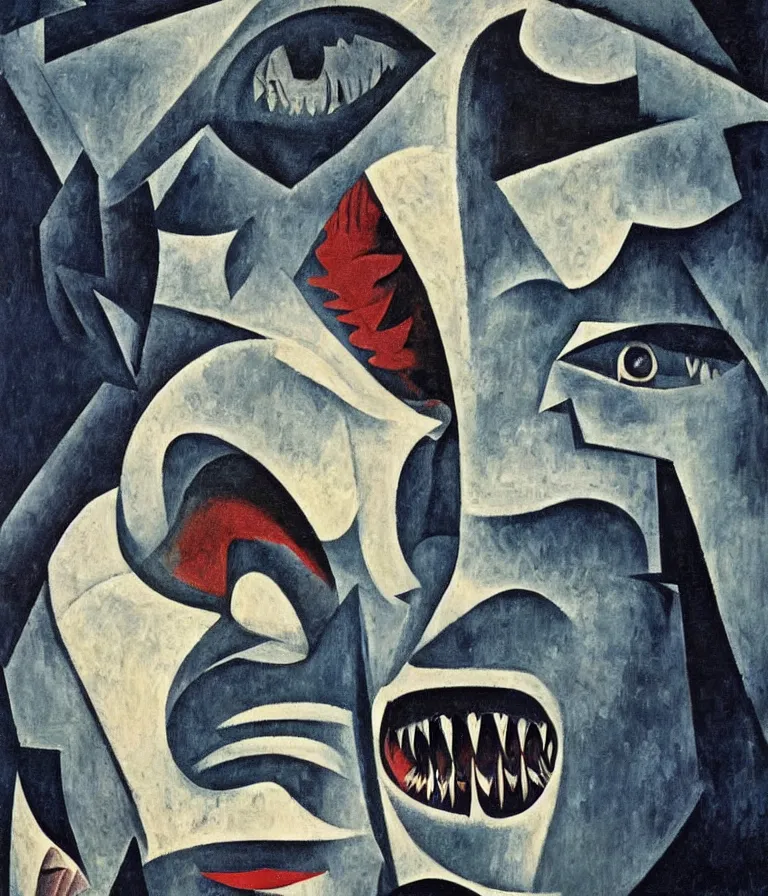 Prompt: Beautiful Horror Movie Poster made for the film Jaws (1975) starring Roy Scheider and a shark, impasto cubist! oil painting by Pablo Picasso and Jean Metzinger, trending on artstation dramatic lighting Cubism 8k