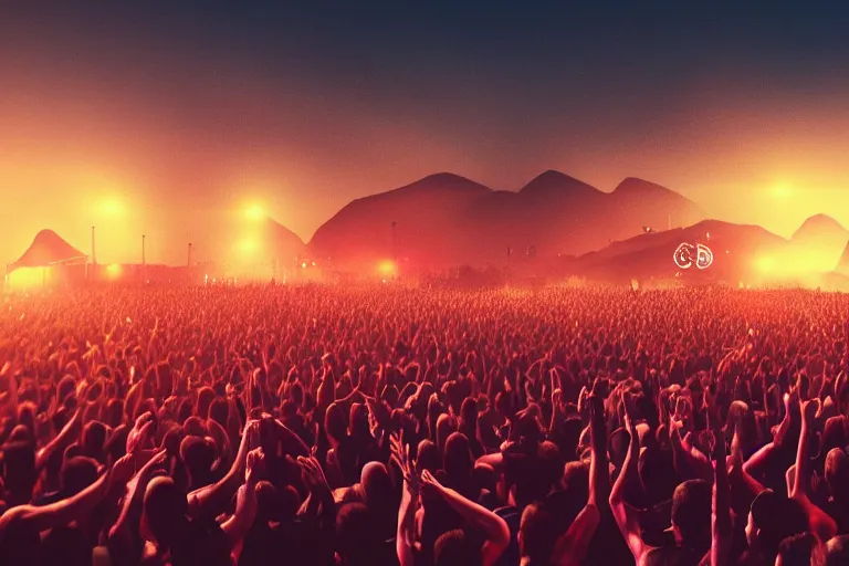 Prompt: a huge crowd partying with their hands up at a festival, silhouette, digital art, trending on artstation, 4k, unreal engine, intricate, ornate