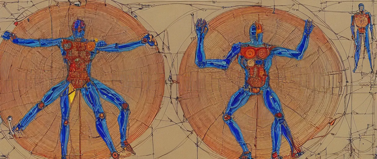 Image similar to a brilliantly colored painting of an exploded diagram of a detailed engineering schematic of a robot in the pose vitruvian man in the style of jean giraud