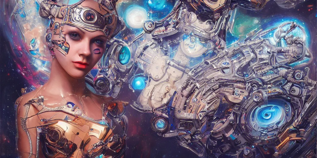 Prompt: a female robotic ai, she is painting cosmic art onto a canvas, insanely detailed and intricate, hypermaximalist, elegant, ornate, hyper realistic, super detailed, Art Deco, cinematic, trending on artstation, magic the gathering artwork, centered