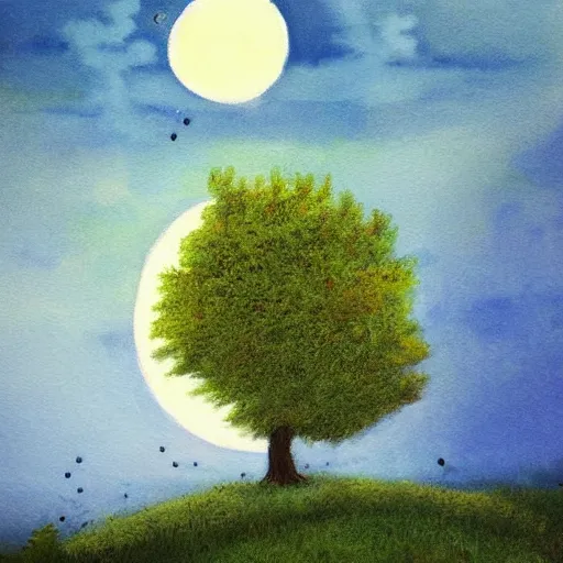 Image similar to This painting has such a feeling of peace and serenity. The tree is so still and calm, despite the wind blowing around it. The moonlight casts a soft glow over everything and the starts seem to be winking at you... in the style of the Little Prince