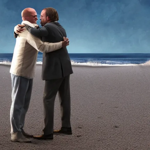 Image similar to Walter White hugging Saul Goodman on the beach, artistic, 8k, cinematic