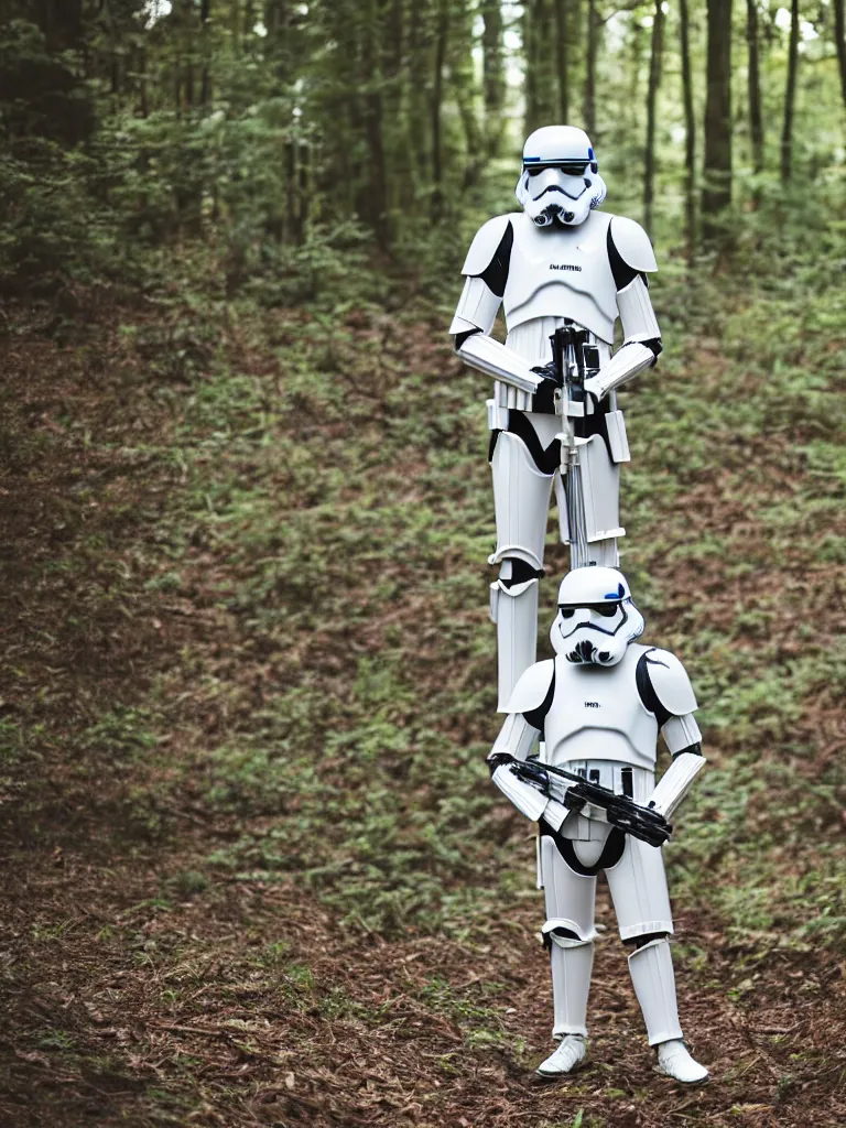 Image similar to “still of a stormtrooper with colors and markings of R2-D2, standing in the forest, golden hour, high quality, sigma 55mm, full body shot”