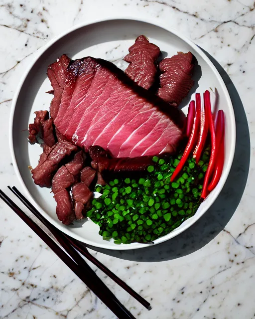 Image similar to realistic photo of delicious yakiniku, bowl, white kitchen table, cloth, marble, highly detailed, by louise lister, sara ali, mary devinat, kailee mandel, masterpiece, award winning, food photography