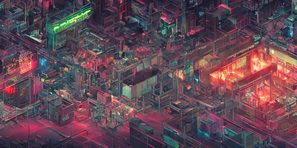 Prompt: isometric room of a room filled with factory exploding at night in the center of a futuristic sci-fi asian city, signboards, neon lights, blade runner color palette, rendered in octane render by Yasunari Ikenaga, Yamato, Macross