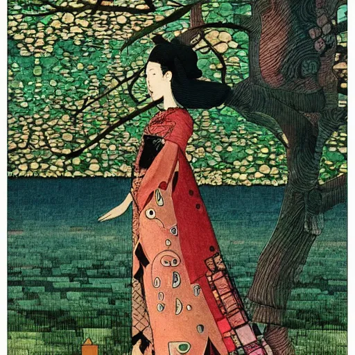 Prompt: interesting maximalist elaborate full body portrait of a beautiful medieval girl next to a tree, in the style of kawase hasui and paul klee. seen from the distance. mixed media, vibrant textures, pastel tones. fashion of Vivienne Westwood. HD 8x no frame