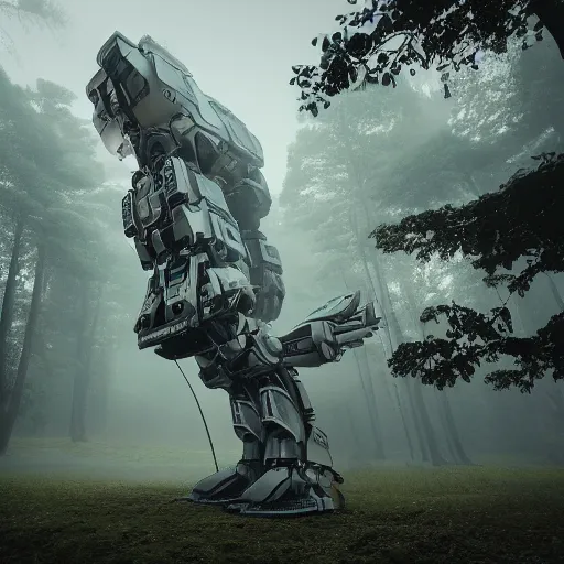 Prompt: futuristic colossal mech fortress travels across a swedish forest in the misty morning very low angle photograph trending on artstation
