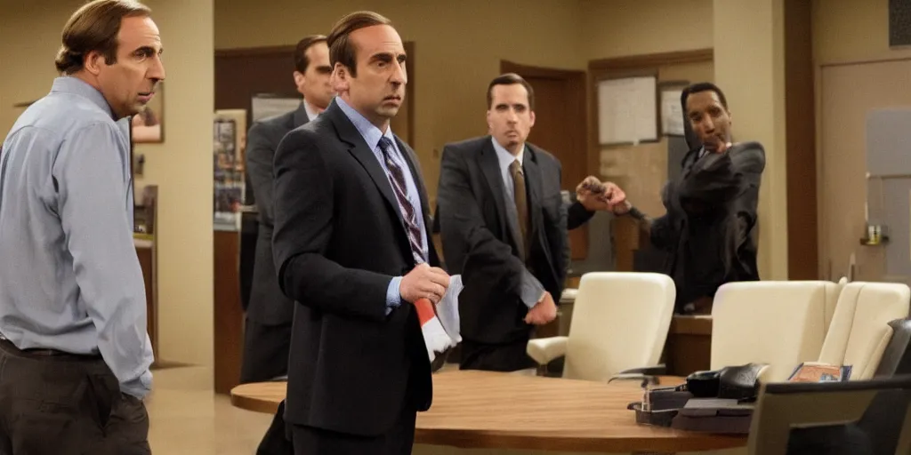 Prompt: saul goodman defending michael scott in a court