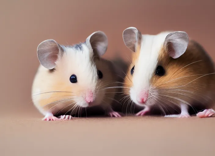 Image similar to photo of a two hamsters and their babies, cinematic color grading, various poses, soft light, faded colors, well framed, sharp focus, 8 k