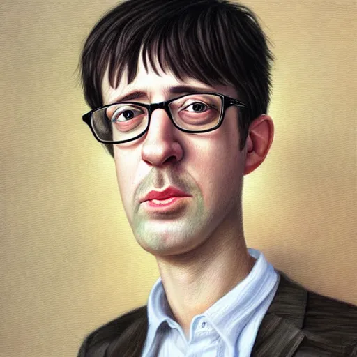 Image similar to Caricature portraits done of a young Graham Coxon, realistic, hyperrealistic, very realistic, highly detailed, very detailed, extremely detailed, detailed, oil painting, digital art, trending on artstation