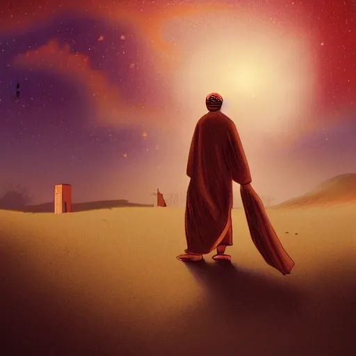 Prompt: bedouin towards a mosque while surrounded by nebula clouds, digital art, trending on artstation