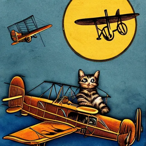 Prompt: cat flying a biplane, steampunk storybook art