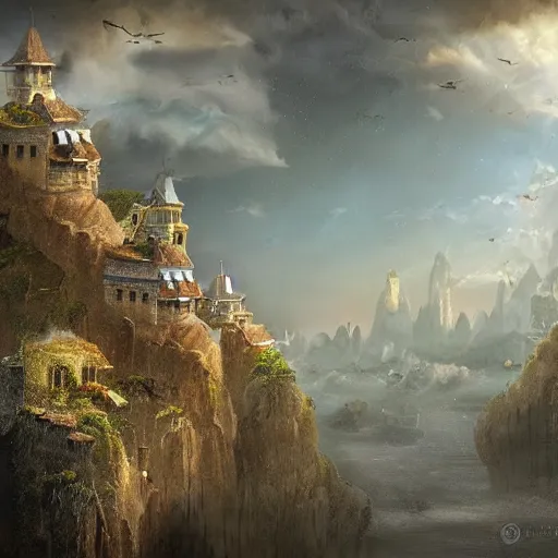 Prompt: a beautiful matte painting of fort floating in the sky by mai anh tran,